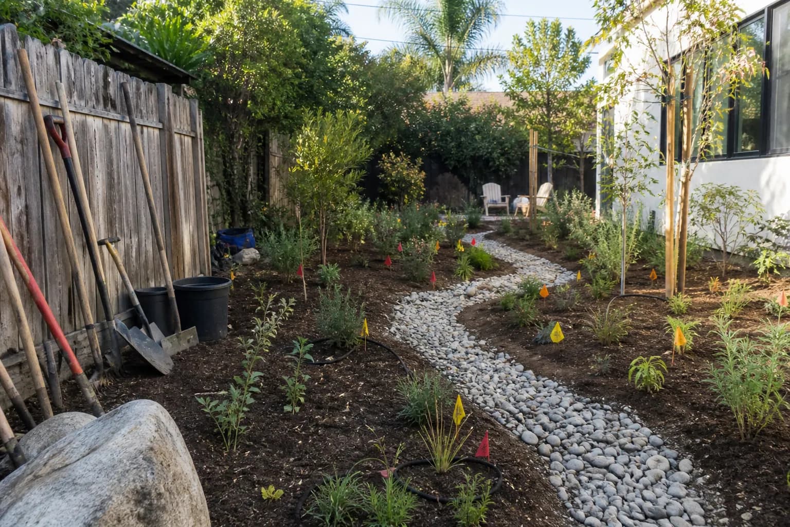 A backyard just after planting, a gravel swale curving through young plants with irrigation flags still in place.