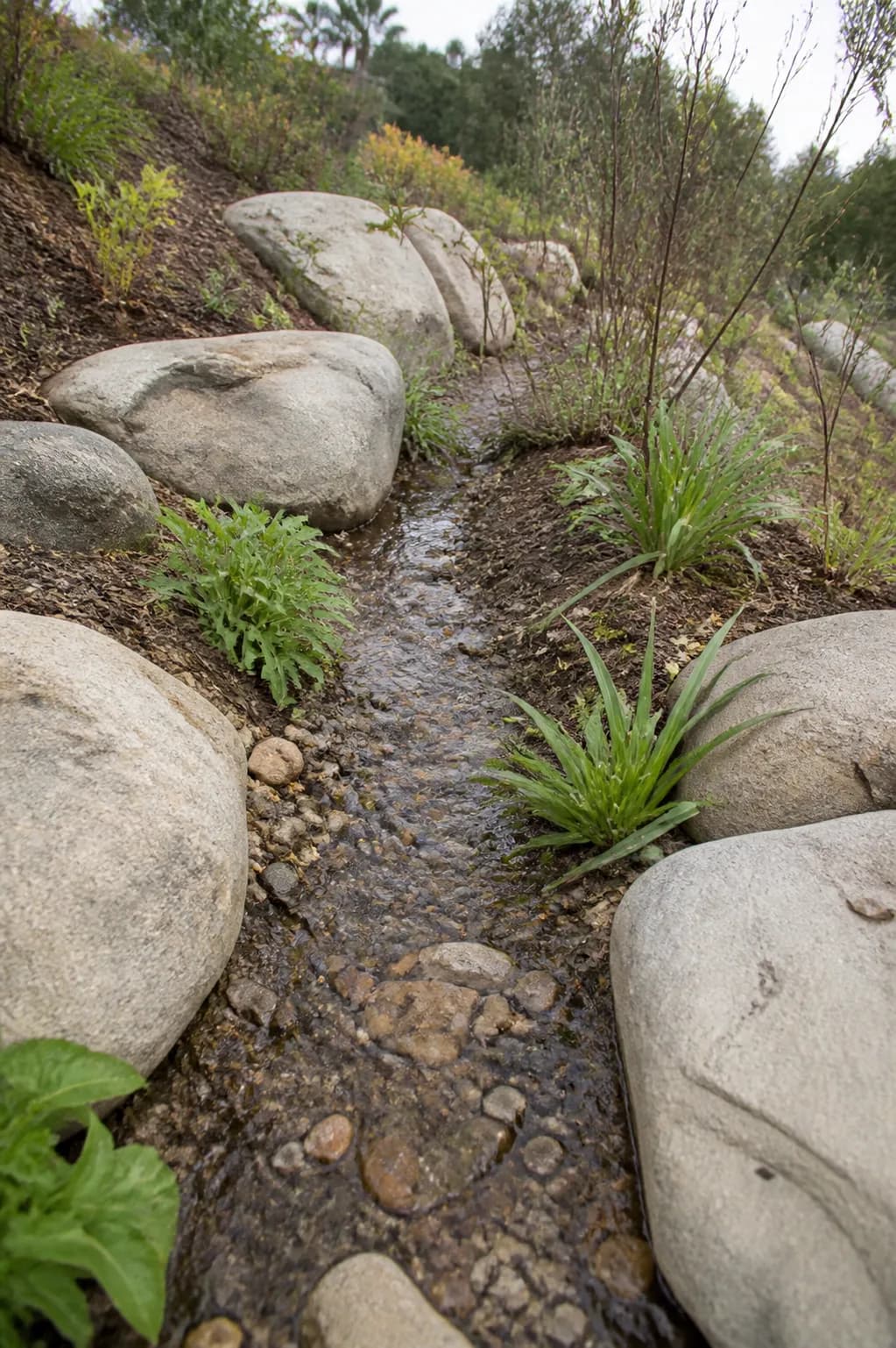 Detail of a rain-fed swale between boulders with gravel darkened by water and fresh planting on both sides.
