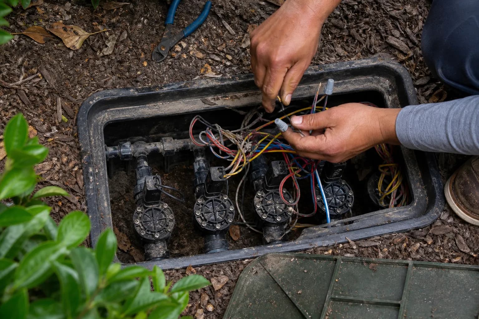 An opened irrigation valve box being rewired, hands with wire nuts and the manifold visible.