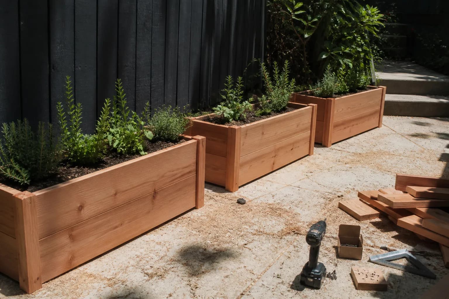 Three newly built cedar planter boxes filled and planted with herbs, sawdust still on the patio.