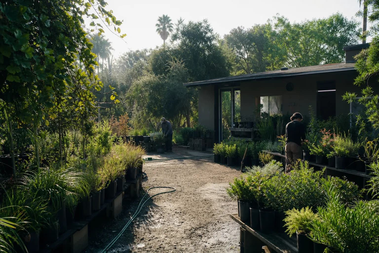 A working nursery yard behind a small studio building, rows of one-gallon native plants on benches in morning light.