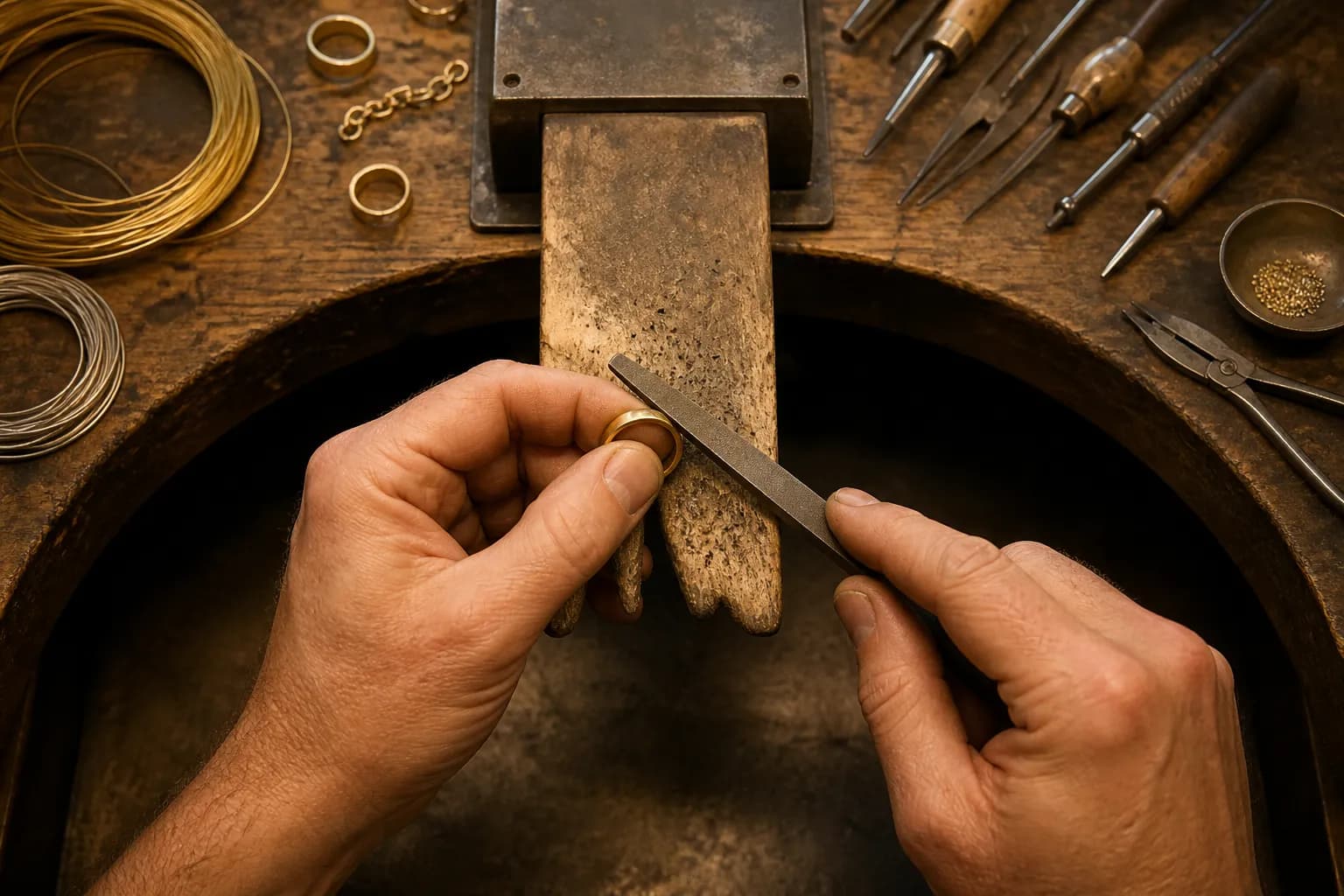A jeweler's workbench seen from above: hands filing a ring on a bench peg, with tools and coils of wire around them in warm workshop light.