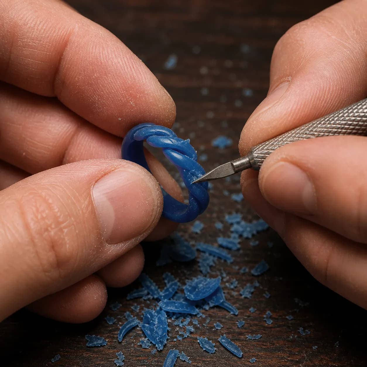 Close-up of hands carving a small wax model of a twisted ring, wax shavings on dark wood.