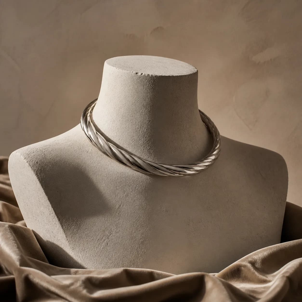 A rigid twisted silver collar necklace on a plaster bust form, cropped at the shoulders.