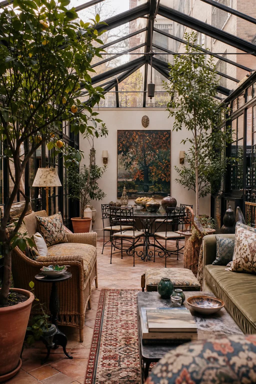 A garden room under a glass roof with rattan lounge chairs, potted citrus trees, a terracotta floor and an iron table set with ceramics.