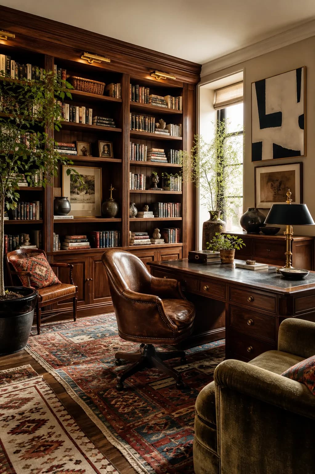 A writer's study with floor-to-ceiling walnut shelves, a worn leather desk chair, brass picture lights and layered kilim rugs.
