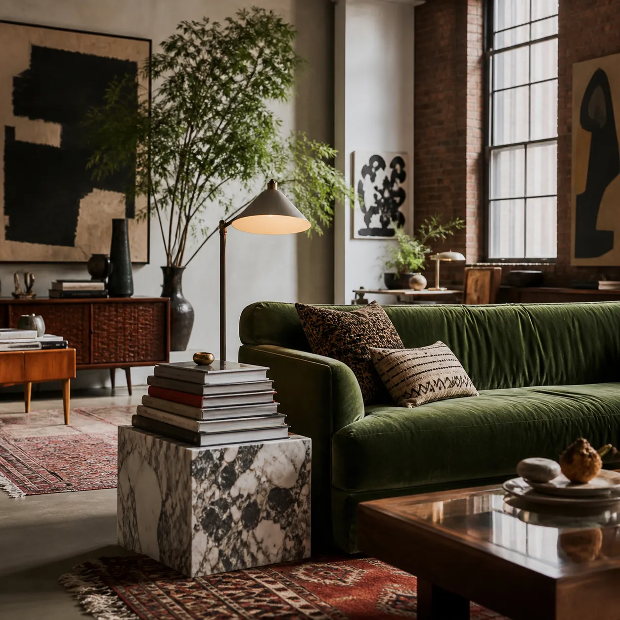 A stack of art books on a marble stool beside the green sofa, lit by a reading lamp.