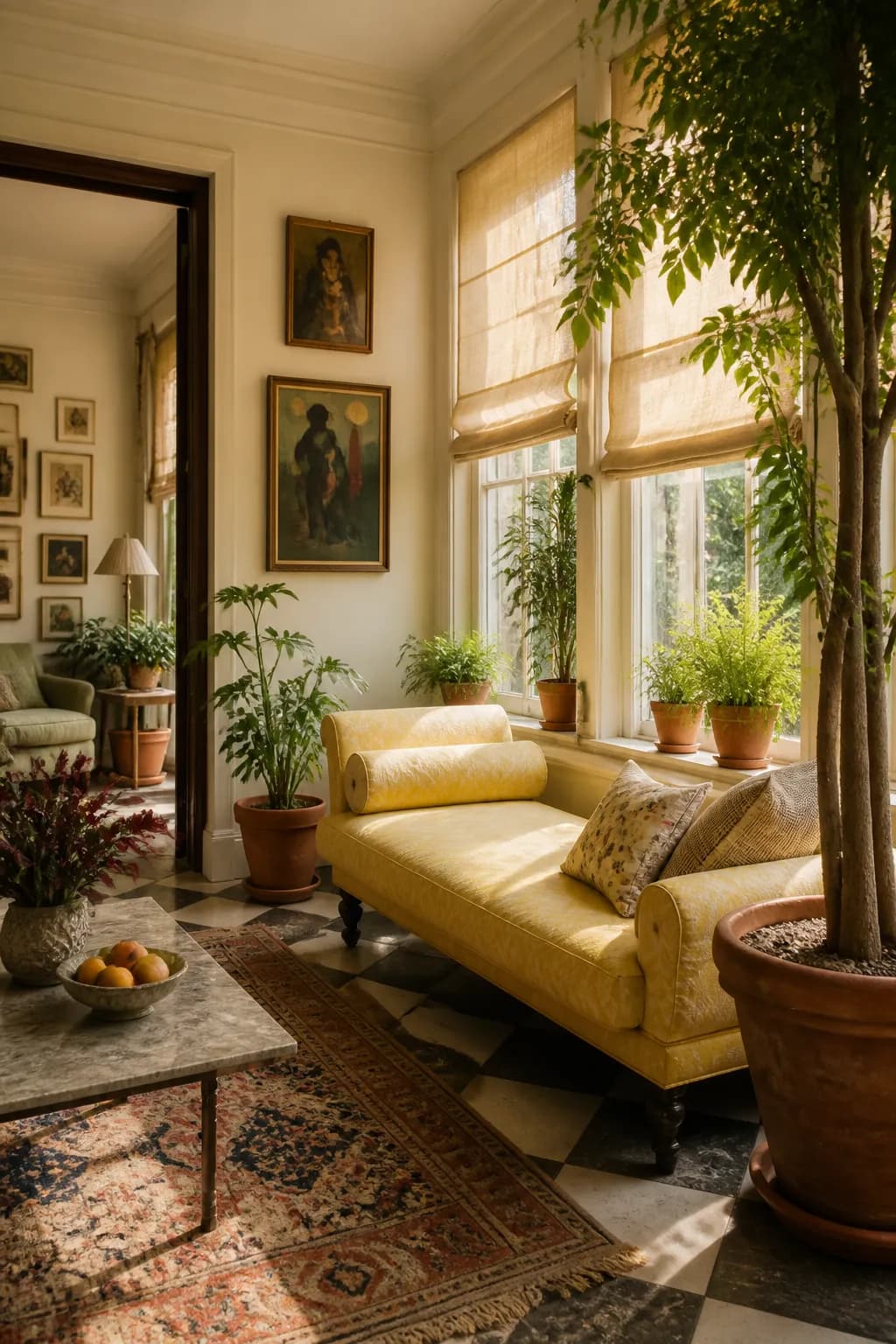 A sun room with a butter yellow daybed, terracotta pots, a checkered stone floor and linen roman shades glowing with afternoon light.