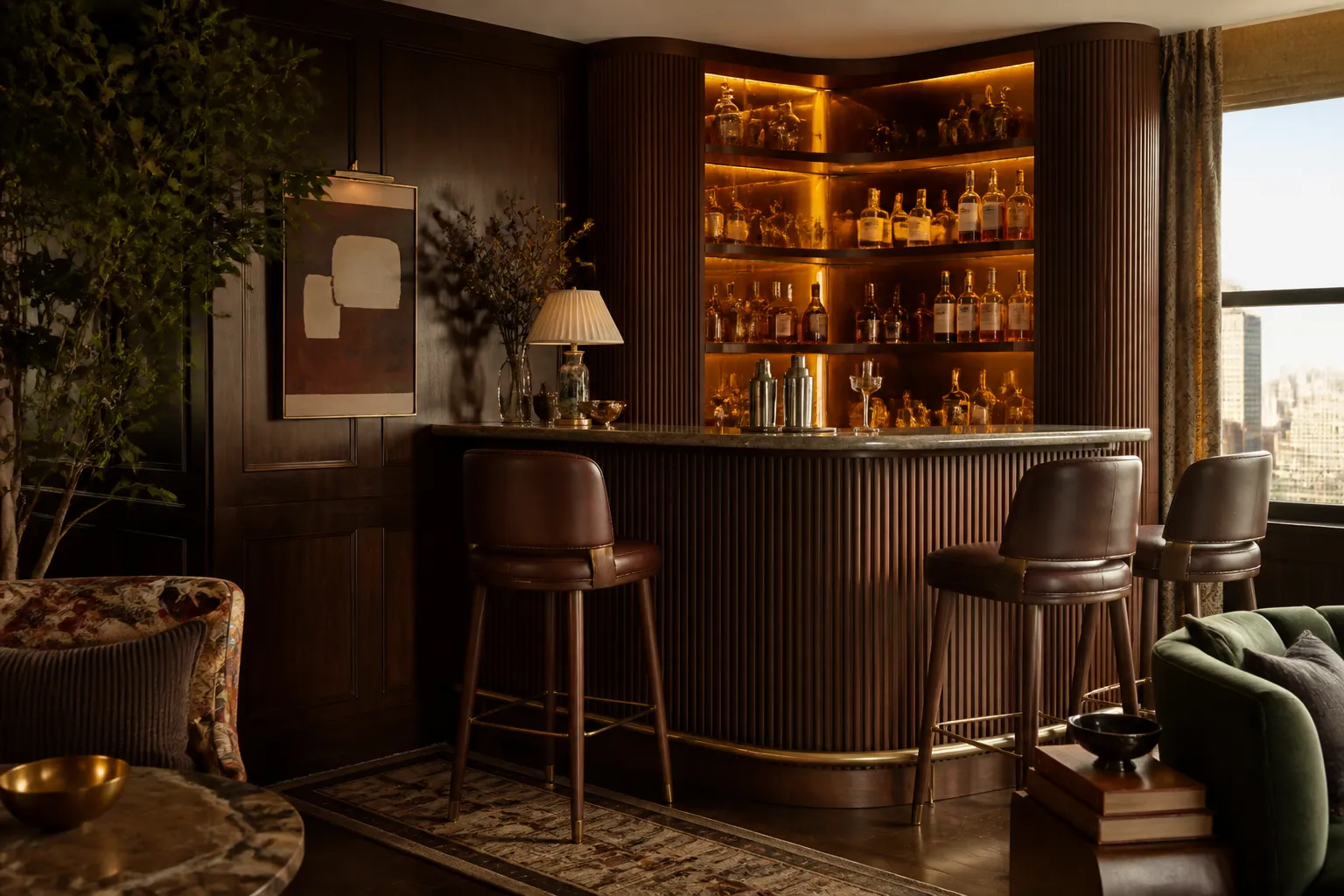 The hotel bar corner: a fluted walnut bar front, amber glass shelves and leather stools in low evening light.