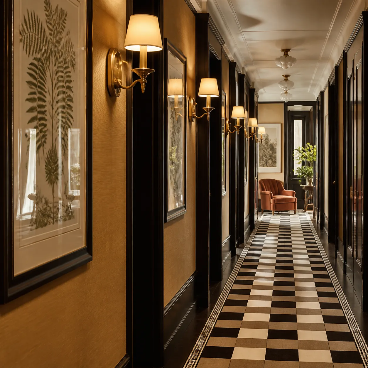 A hotel corridor detail: a checkerboard runner, framed botanical prints and brass wall sconces receding down the hall.