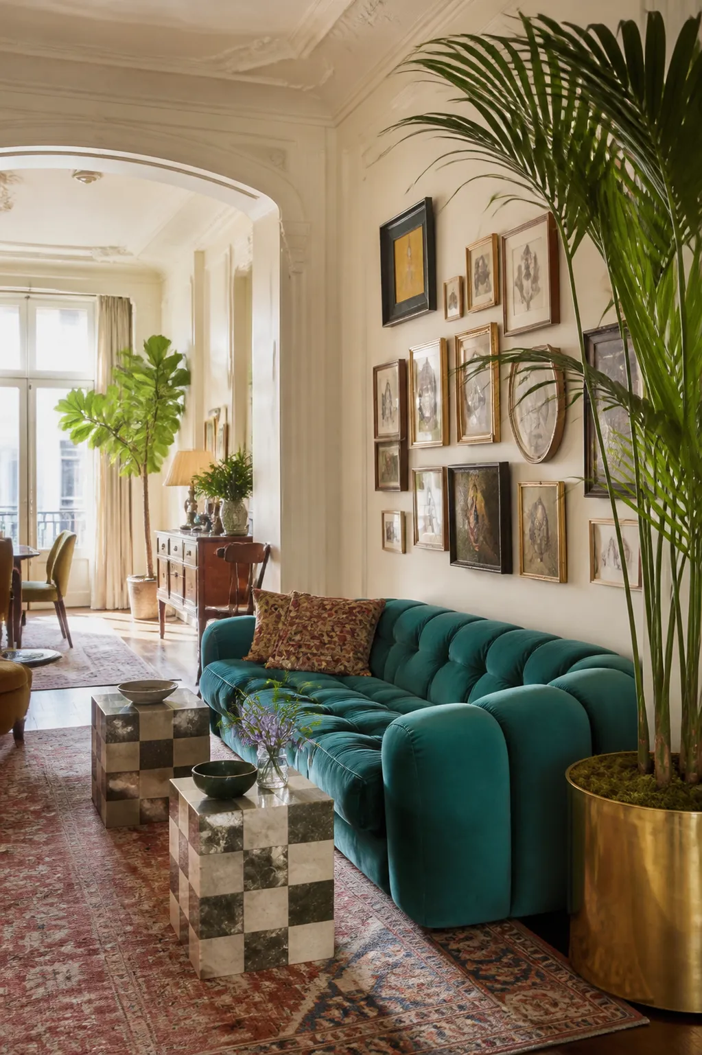 A boutique hotel lounge with a teal mohair sofa, checkerboard marble side tables, a palm in a brass planter and a gallery wall of small framed works.
