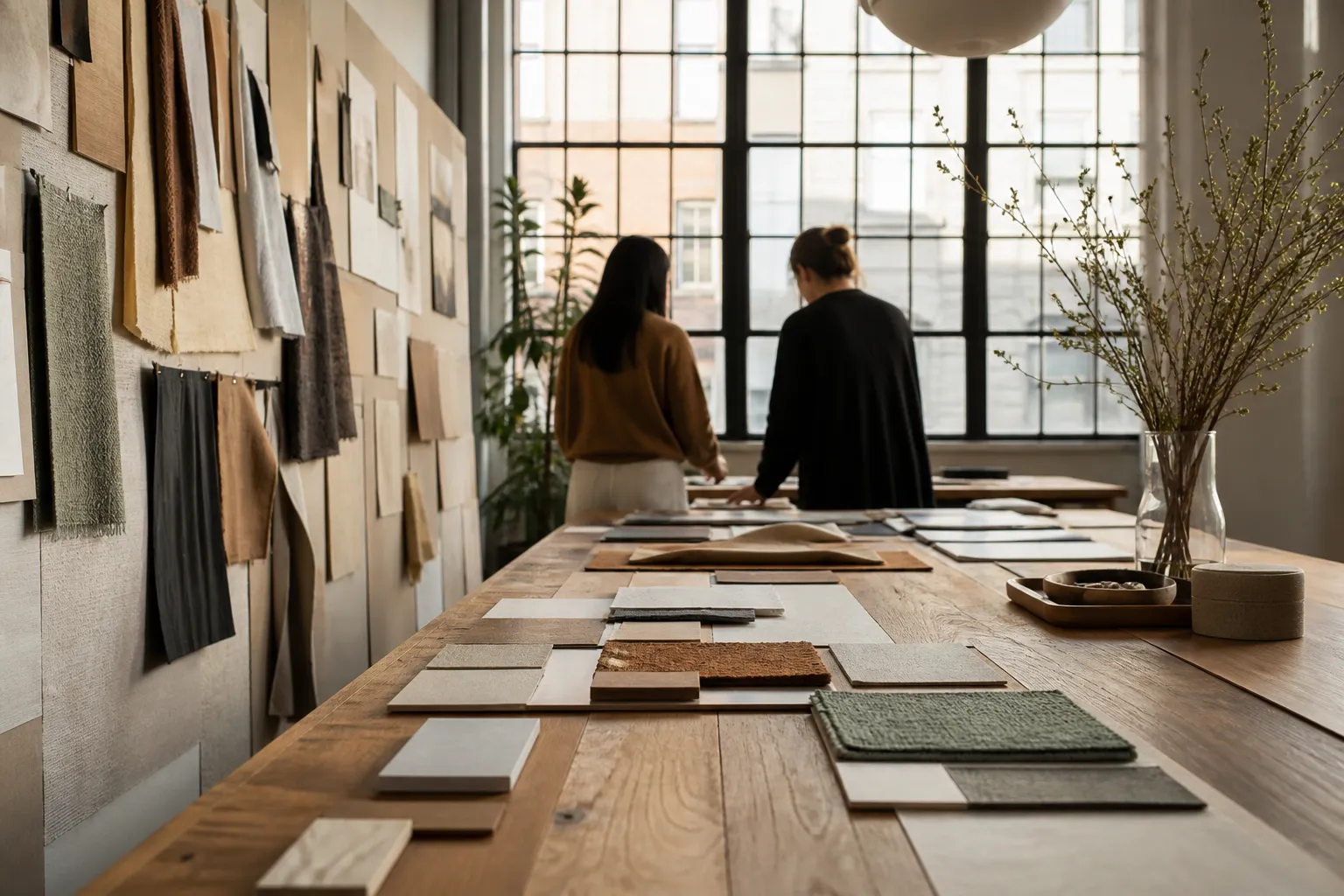The studio workroom: a long oak table covered in material boards, a pinboard wall of fabric and paper samples, and two designers seen from behind at the far end under tall windows.