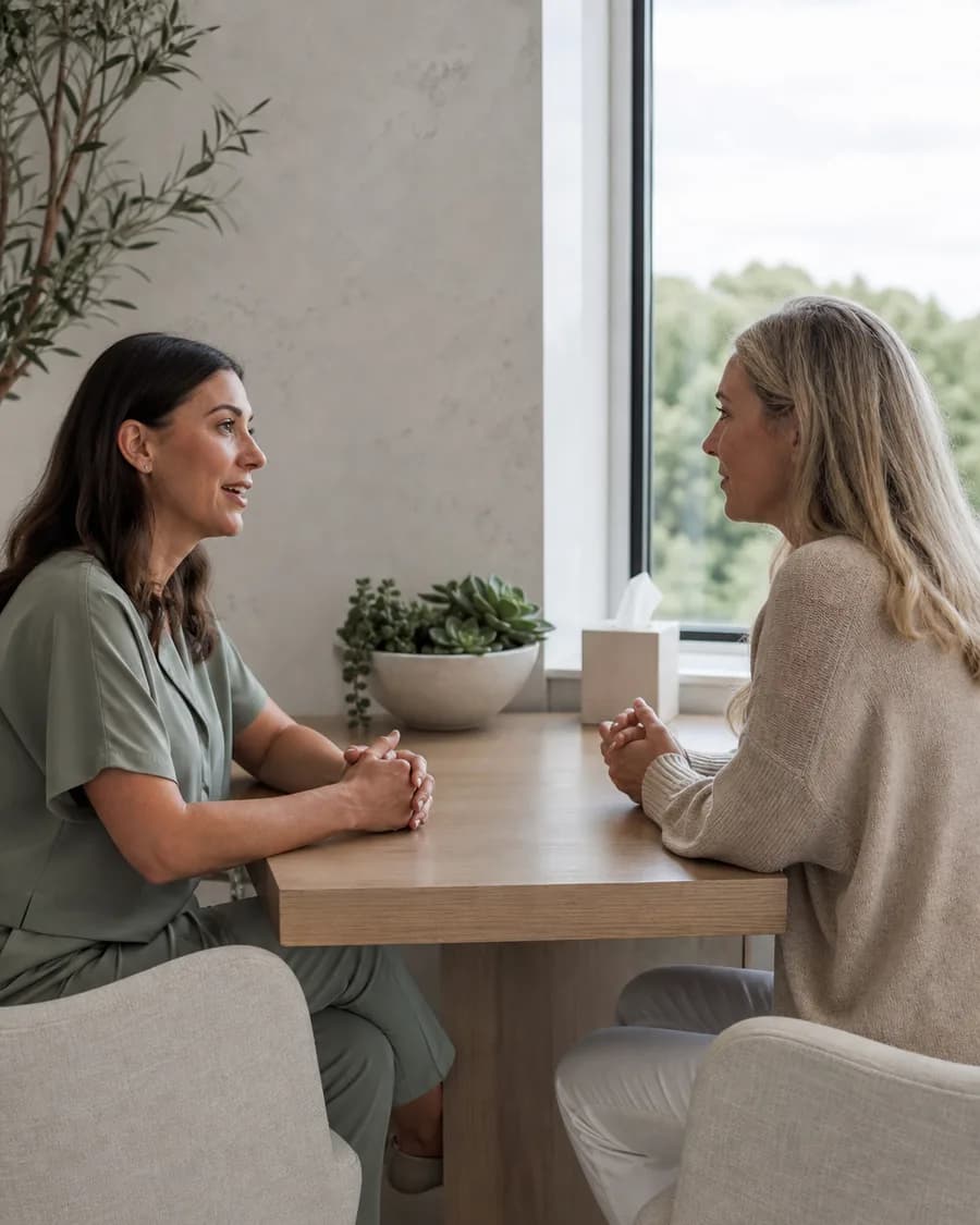 A clinician and a client talking across a small pale oak table in a bright room