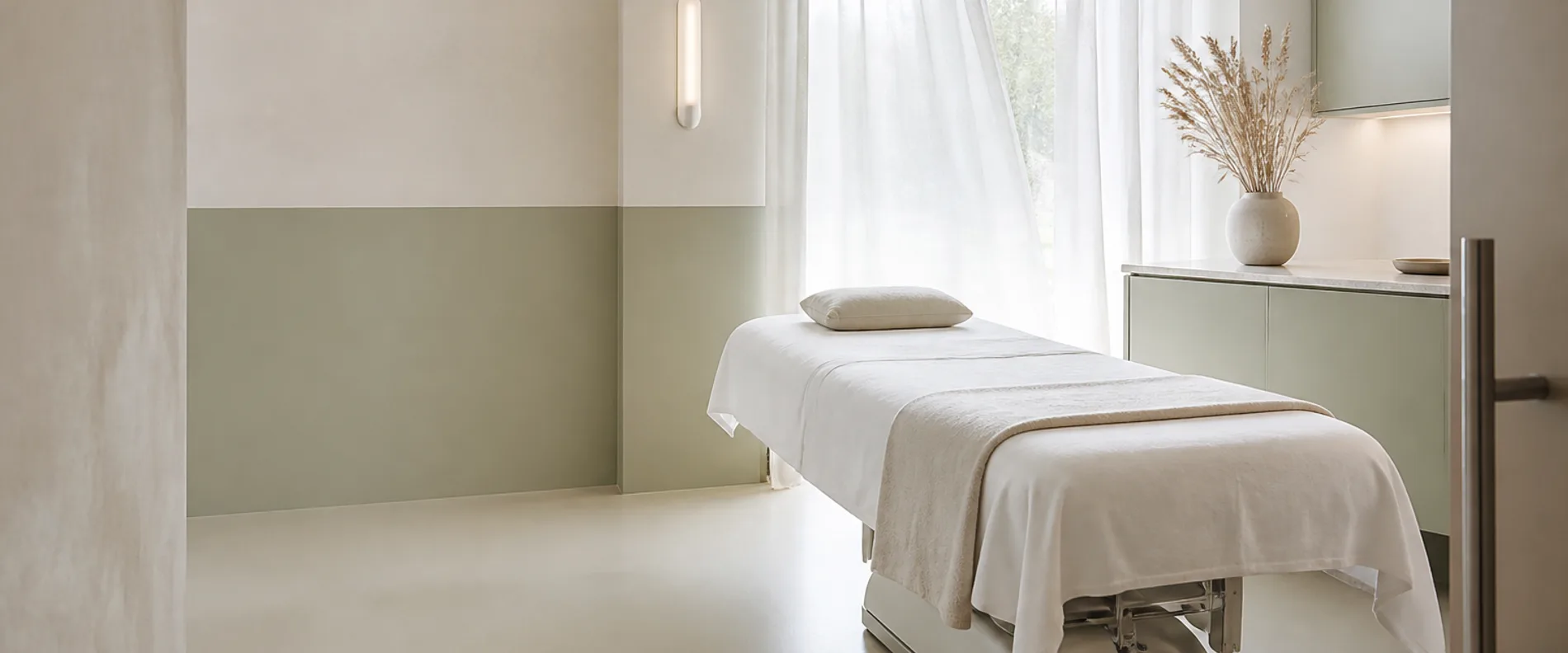 An empty treatment room with white linen, a pale sage wall and dried grasses
