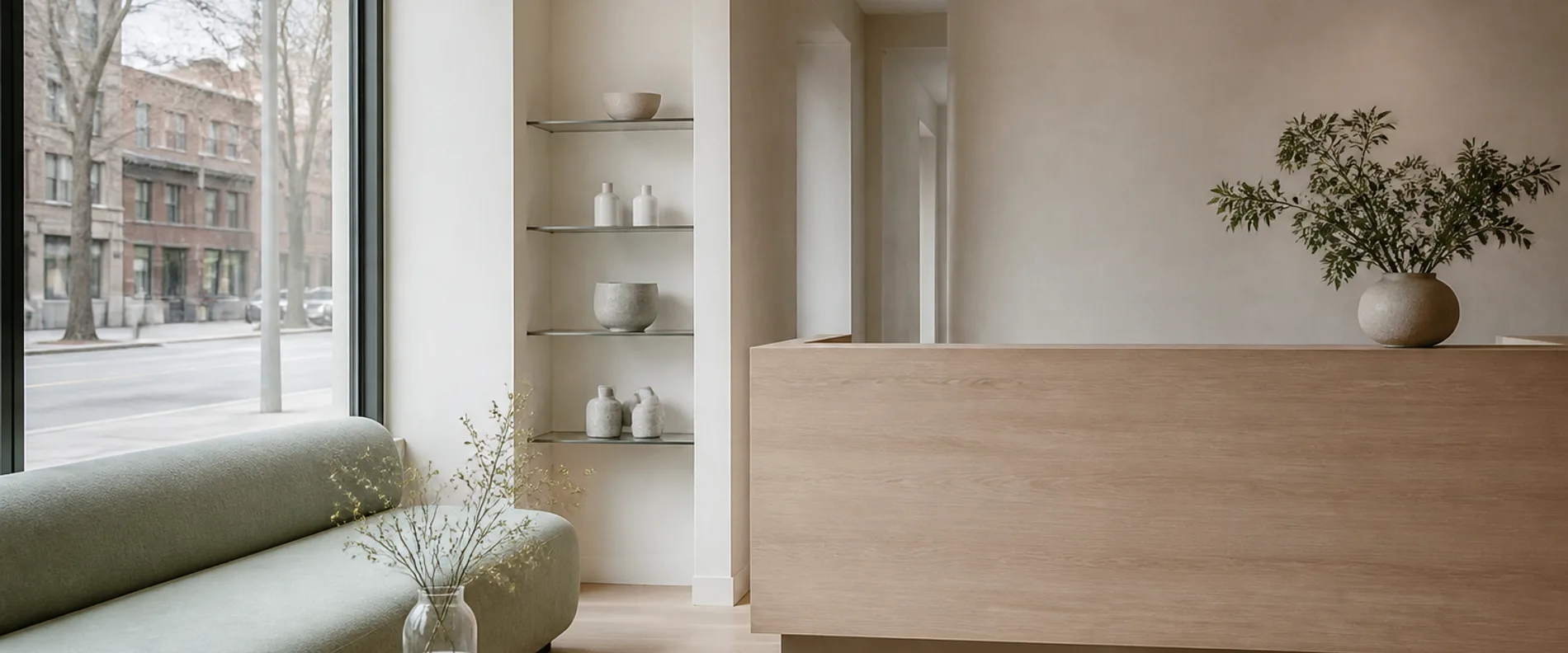 The reception of a small studio with a pale oak desk and a shopfront window