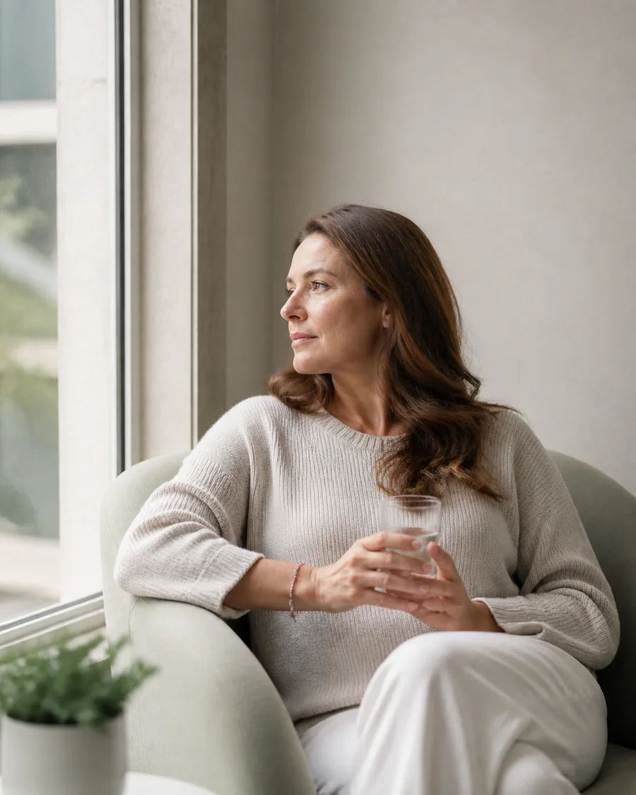 A woman sitting in a pale sage armchair by a window, holding a glass of water