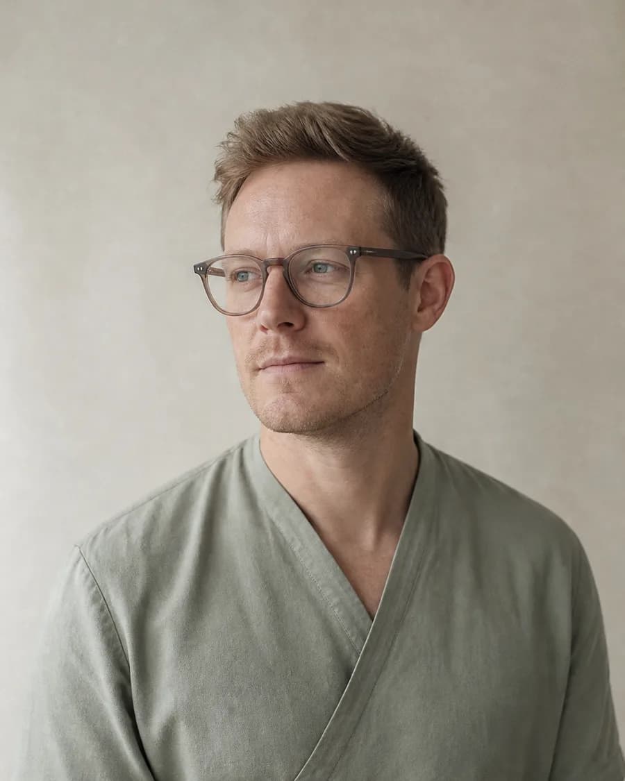 A portrait of a man with short light hair and glasses, in a sage tunic