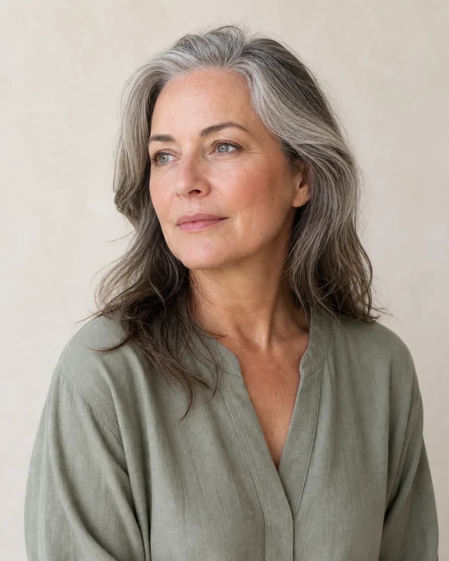 A portrait of a woman with grey-streaked hair worn down, in a sage tunic