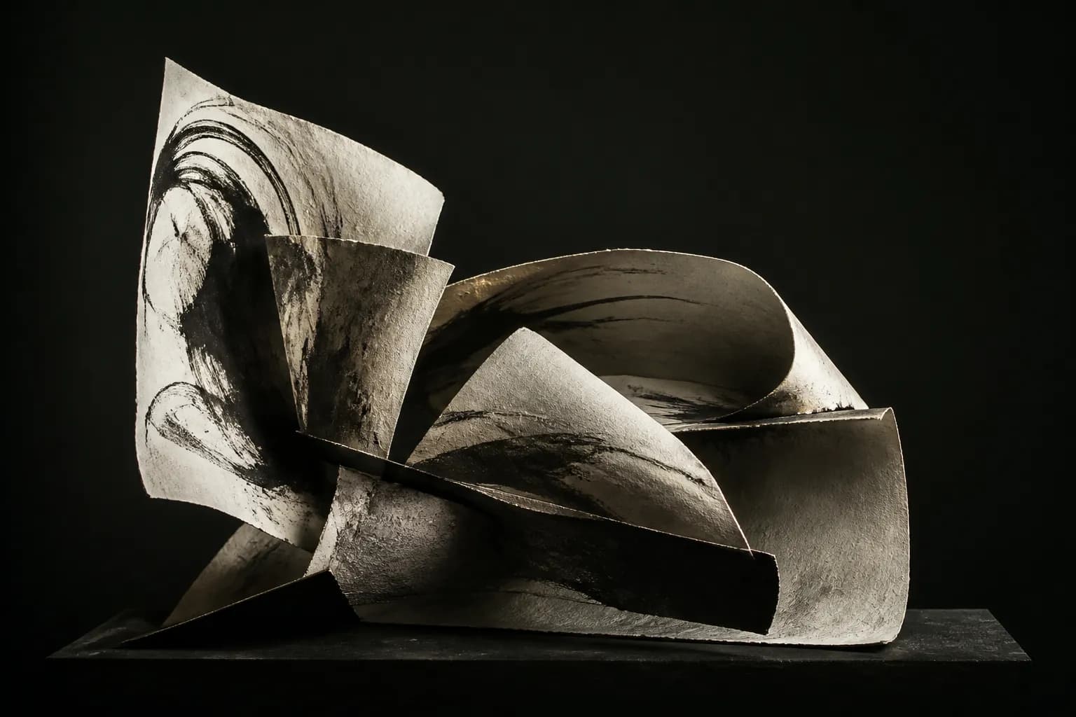 Charcoal ink strokes sweeping across heavy cotton paper, gestural and unreadable