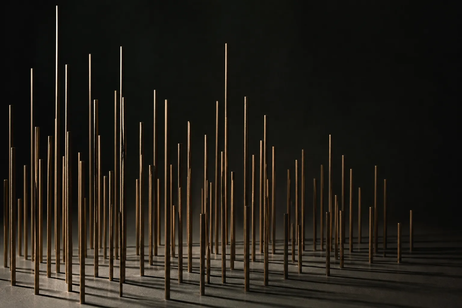 Thin vertical bronze rods of varying heights casting long parallel shadows