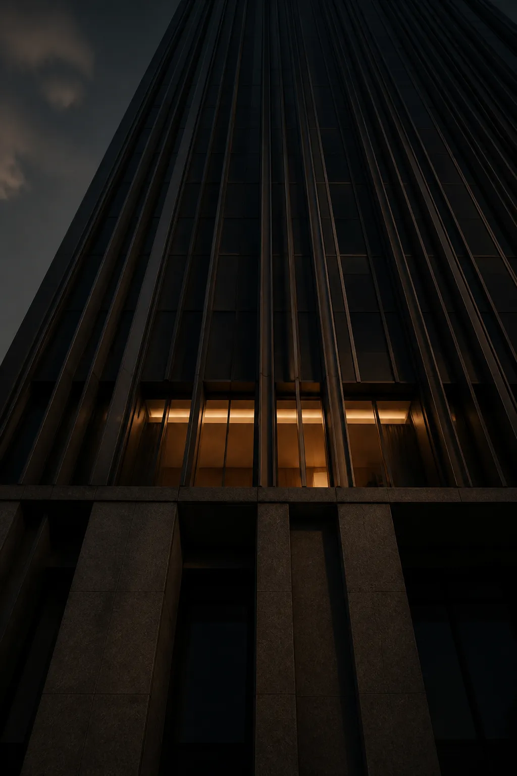 Looking up a dark bronze and stone tower facade at dusk, one lit band of windows