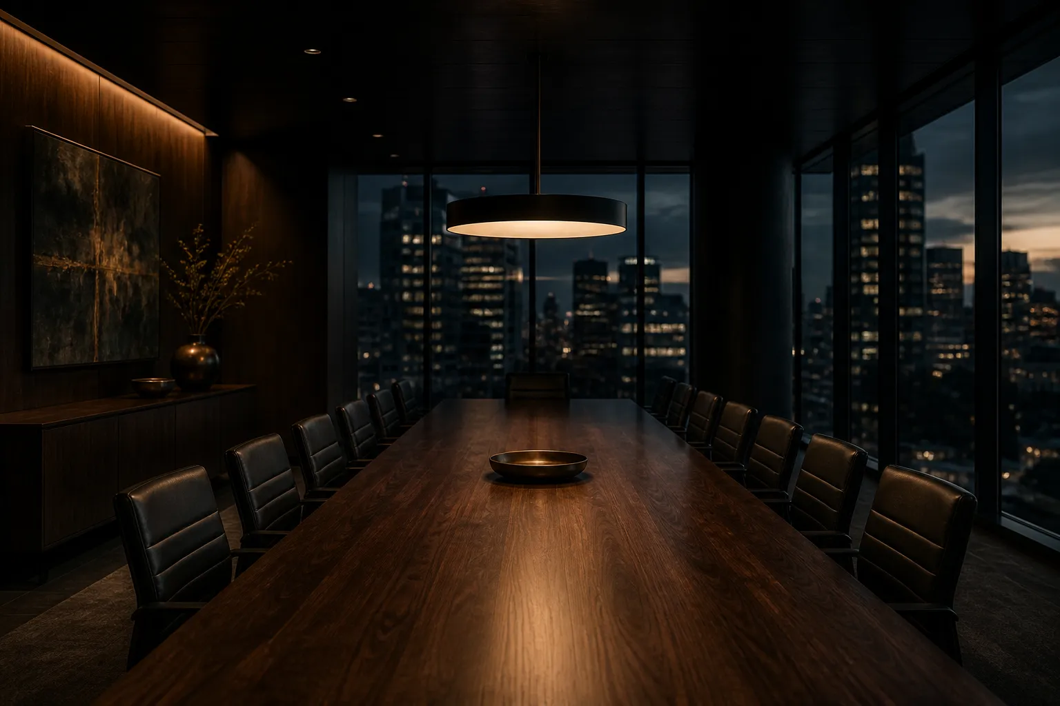 A long walnut conference table at dusk, leather chairs aligned, city lights beyond tall windows
