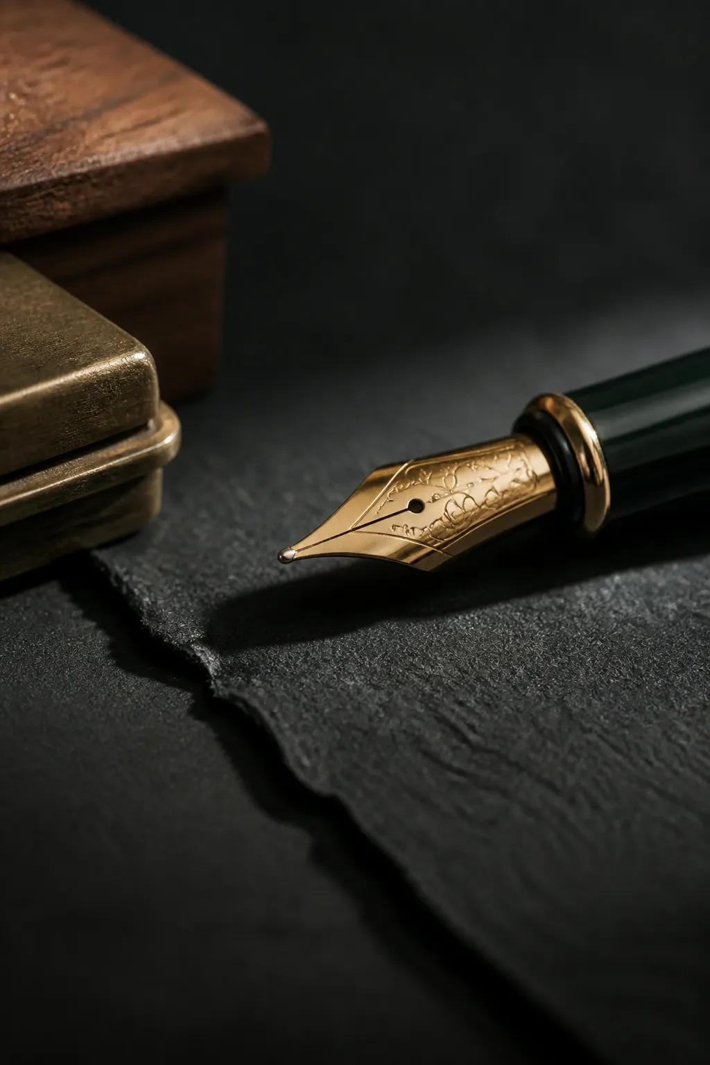 A fountain pen nib resting on heavy cotton paper under raking light