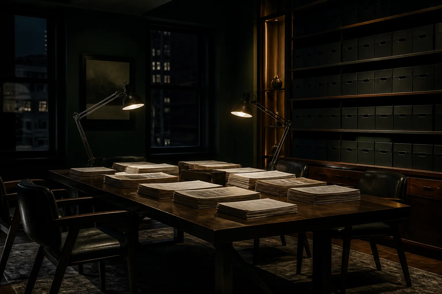 A workroom at night - squared stacks of paper on a wide table, two lamps lit, chairs pushed back