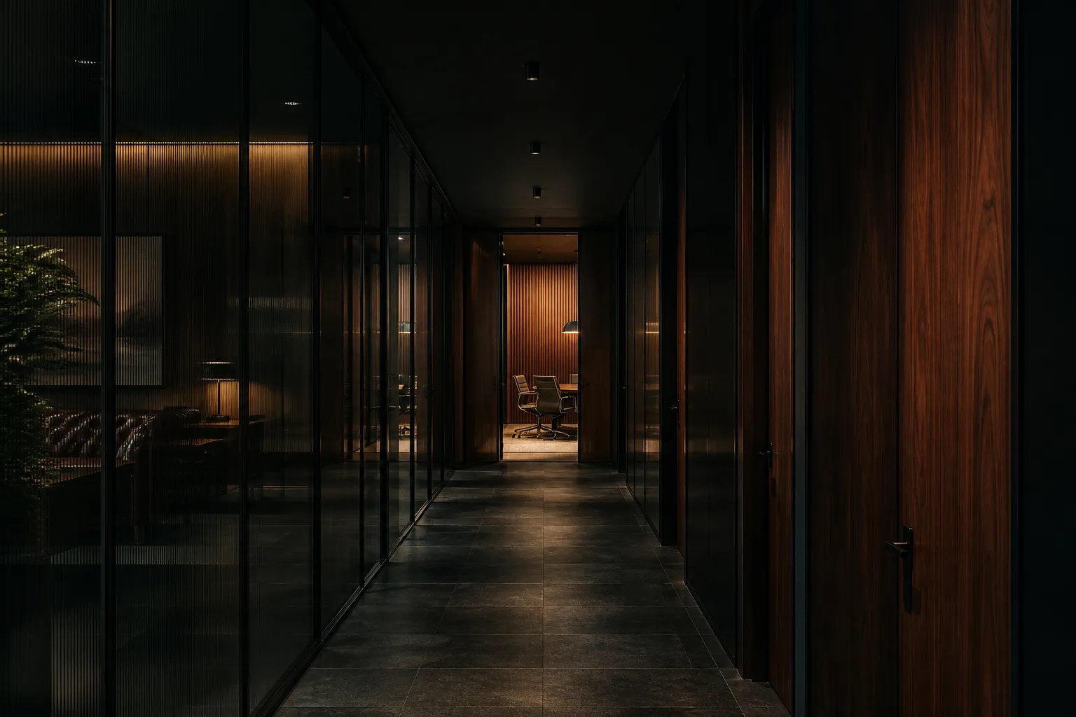 A dark corridor of glass partitions and walnut doors, warm light from one open meeting room