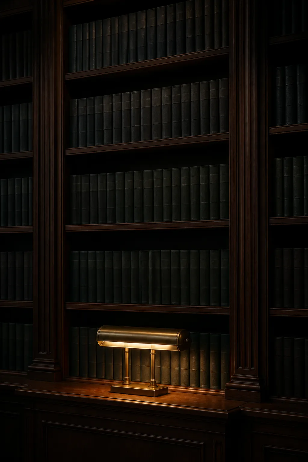 A dark walnut law library wall, uniform clothbound volumes, a brass lamp glowing at a ledge