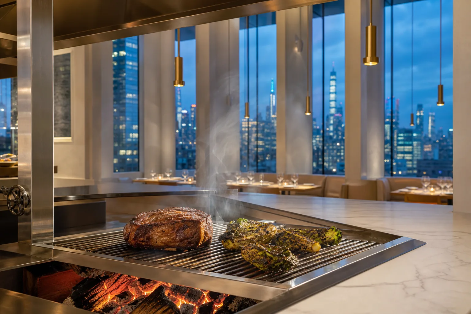Meat and charred greens cooking on a precision stainless grate over glowing oak coals