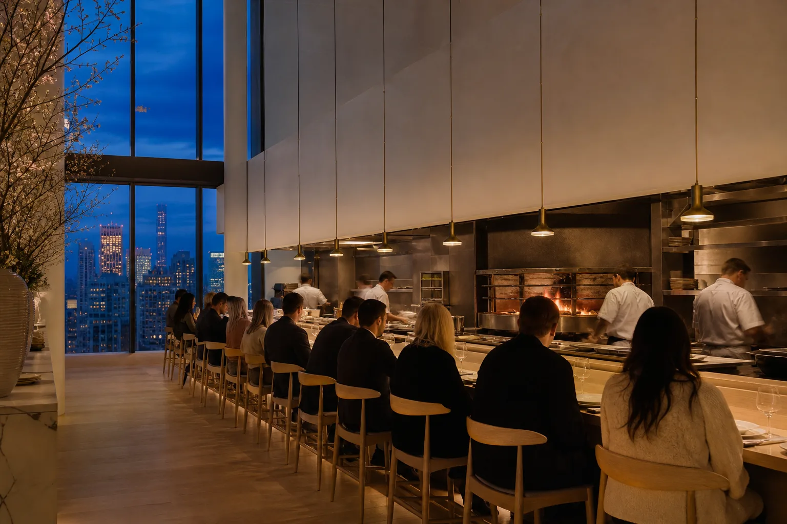 Pale oak chef's counter facing the open wood-fire kitchen, tall windows and the city beyond