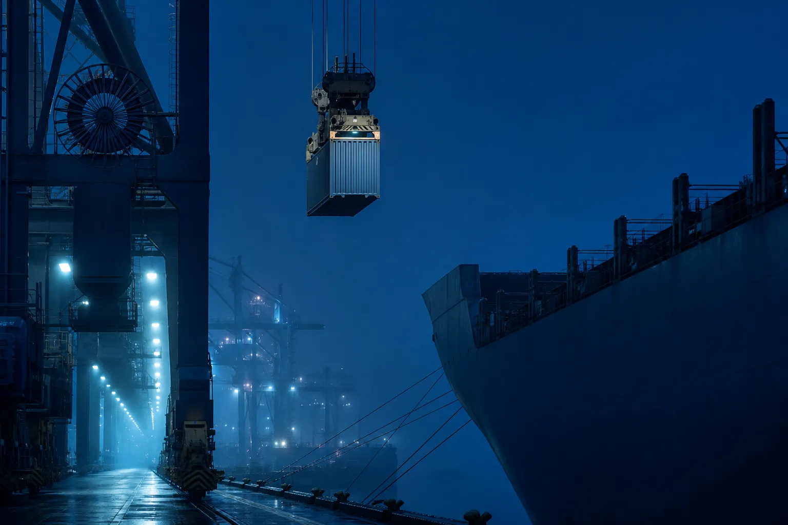 Aerial view of a loaded container ship steaming across open ocean