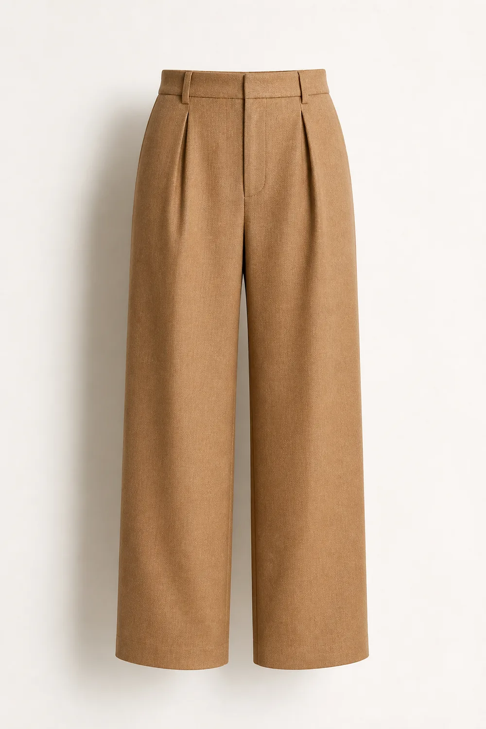 Wide-leg camel trousers in heavy wool twill with deep front pleats, falling long and straight
