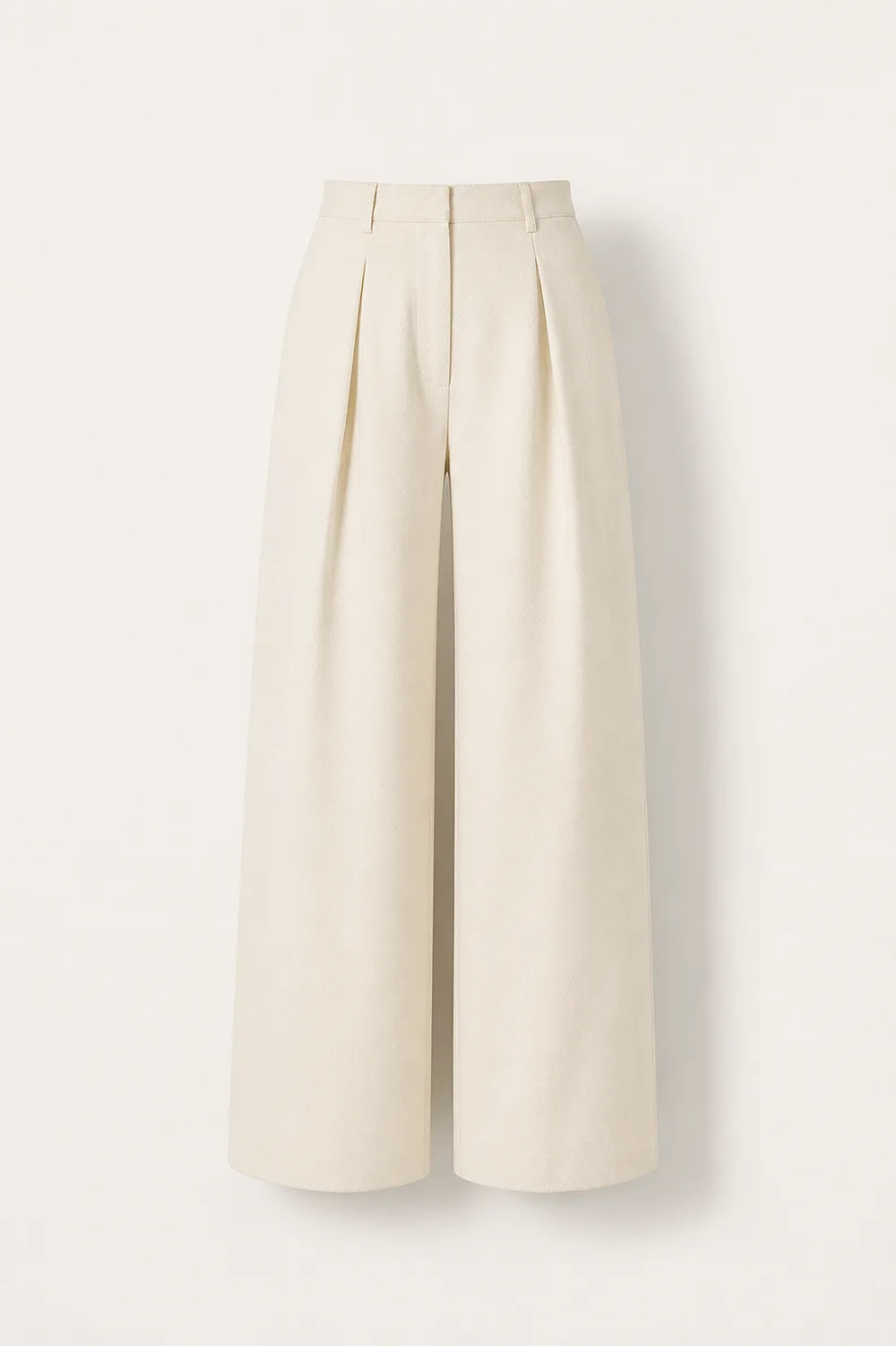 Wide-leg cream trousers in heavy twill with two deep front pleats and a long drape