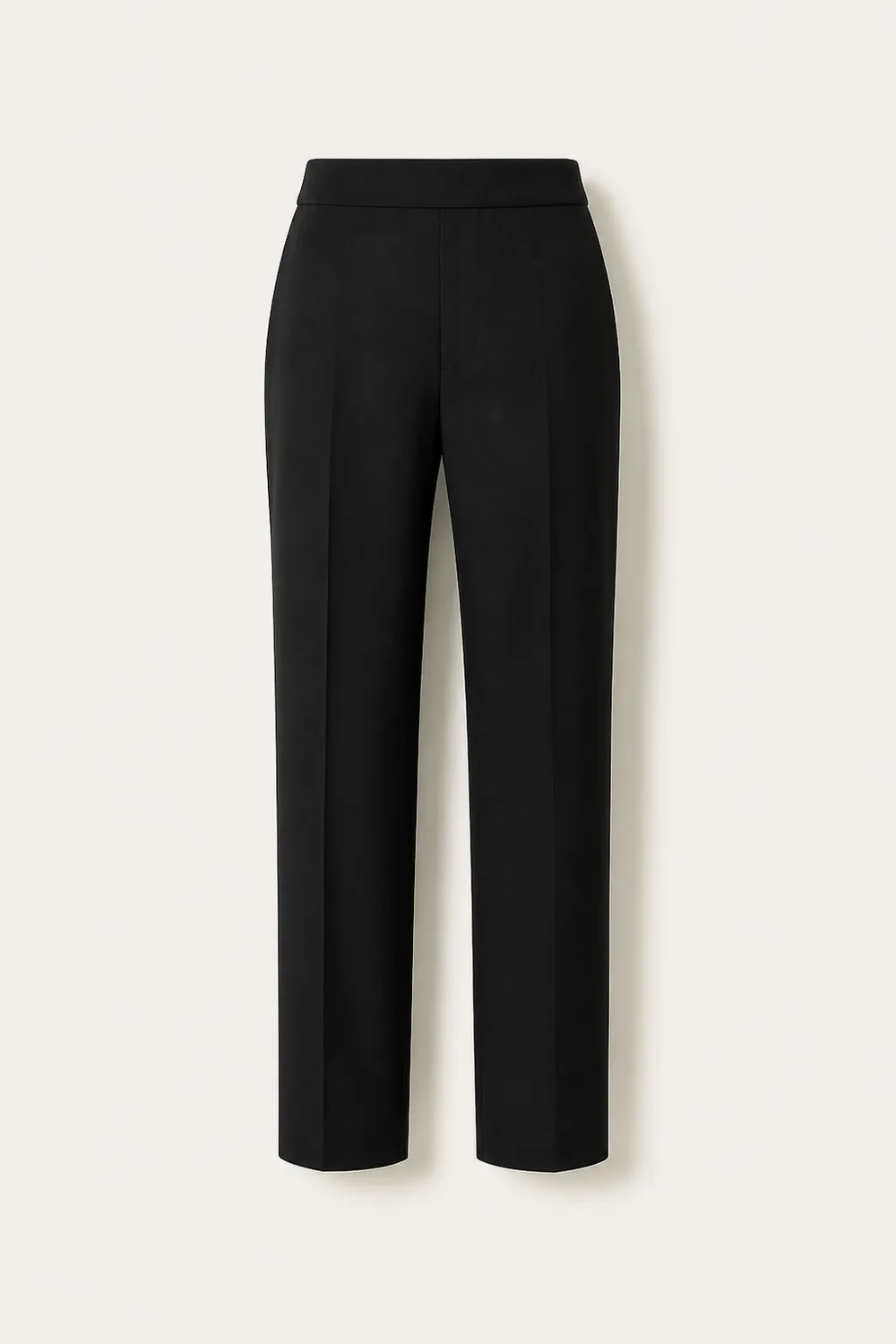 Black straight-leg tailored trousers in fine wool with a pressed centre crease